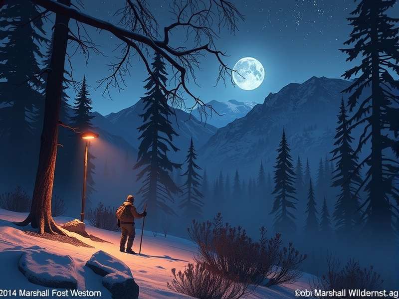 Screenshot of Bob Marshall Wilderness landscape in Wilderness Action game showing dense forest and mountains