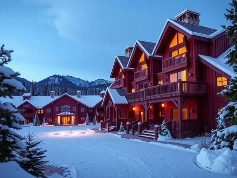 Mountain lodge nestled in wilderness with scenic views