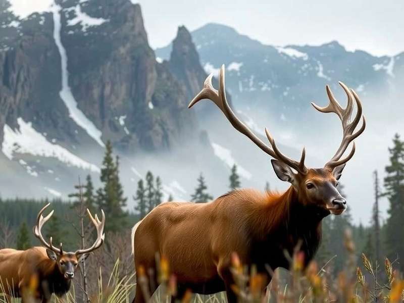 Snow-covered mountains and pine trees in a Canadian wilderness setting