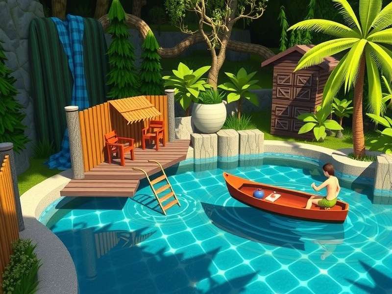 Aerial view of a dense forest resort with cabins and a lake, reminiscent of the Wilderness Resort map