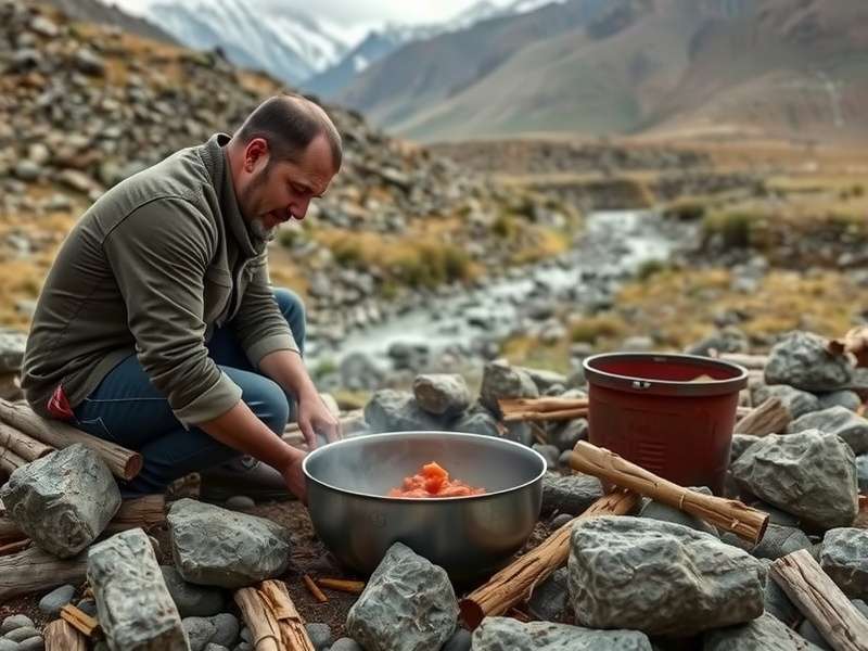 Azerbaijani wilderness cooking scene with a cast iron pot over an open fire