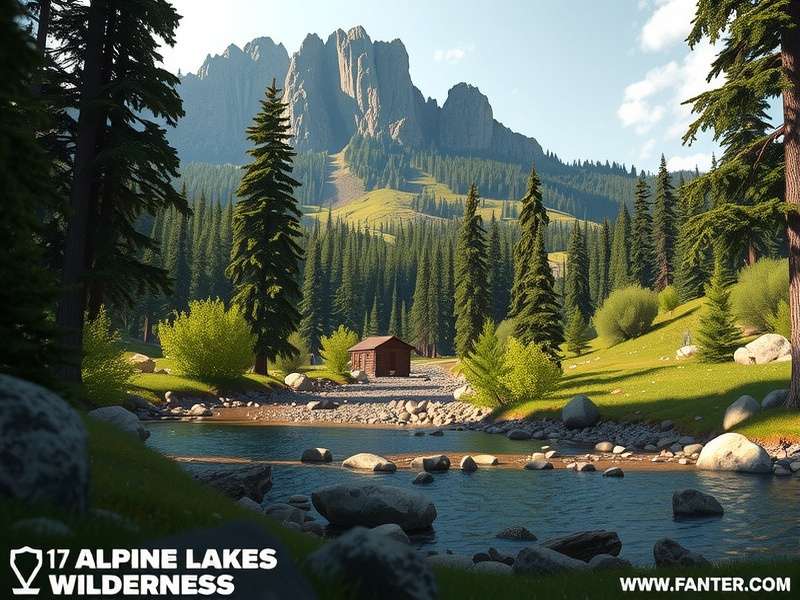 Gameplay screenshot of Alpine Lakes Wilderness map in Wilderness Action showing mountainous terrain and a lake