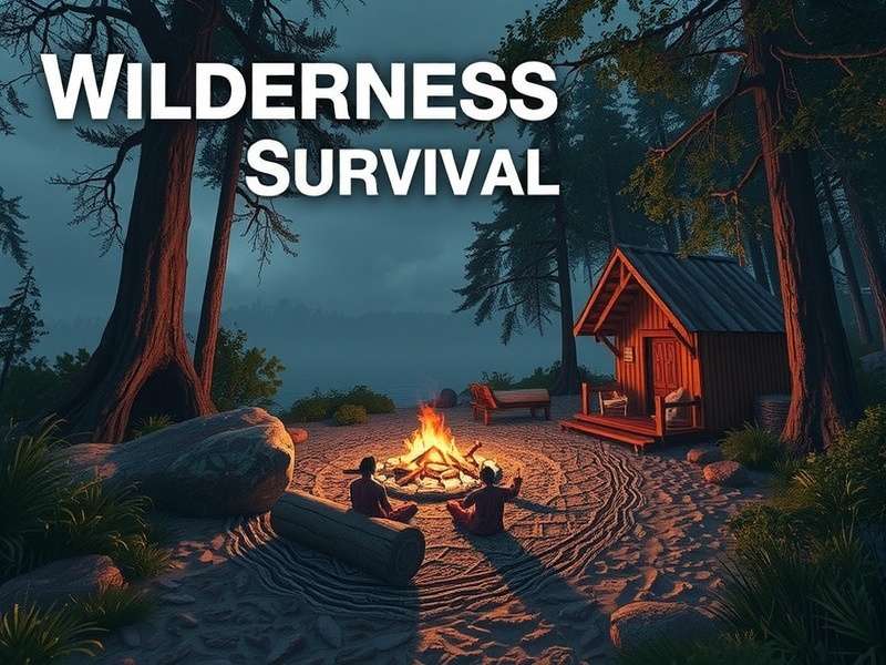 Essential survival gear layout for Wilderness Action game including knife, firestarter, and water bottle