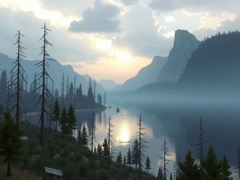 Wilderness On The Lake gameplay screenshot showing a character overlooking a misty lake from a forest vantage point