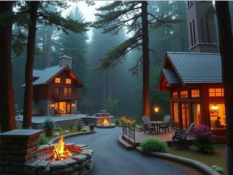 A panoramic view of the Wilderness At The Smokies Resort in-game map showing lodges and forests