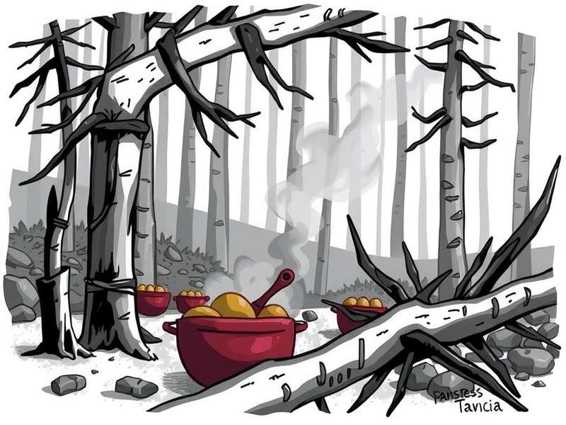 A vibrant wilderness cooking setup with a campfire and pots under the open sky